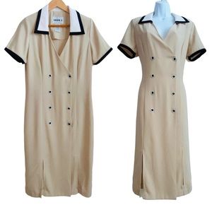 Versatile Wear Vintage Tan Shift Dress w Contrasting White & Black Collar